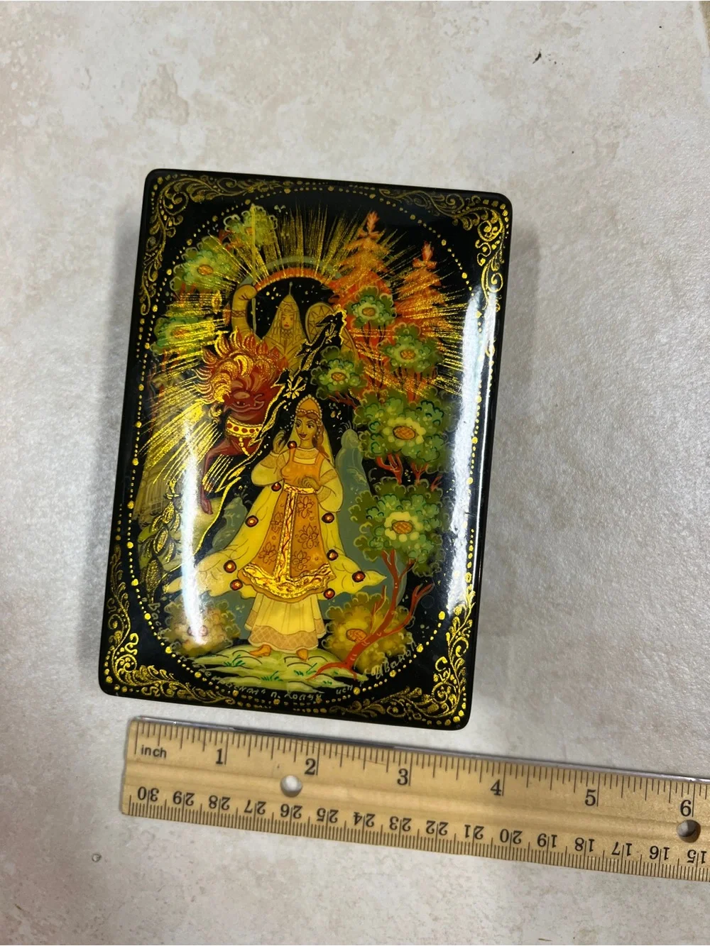 Hand-Painted Black and Gold Russian Lacquer Box - Decorative Home Art